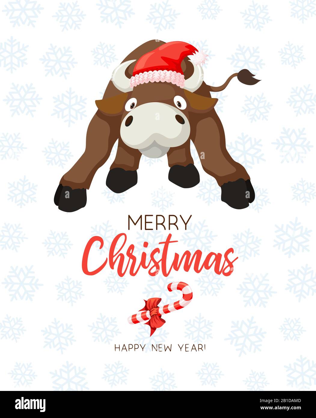 Joyeux Noël Vaches Drôles sur fond blanc enneigé. Carte de style dessin animé Illustration de Vecteur