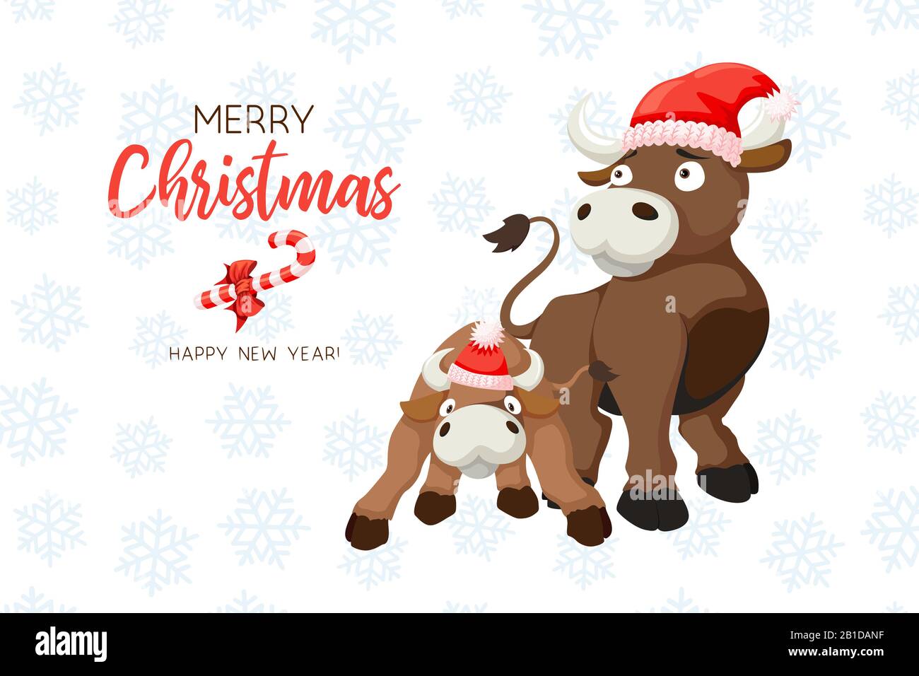 Joyeux Noël Vaches Drôles sur fond blanc enneigé. Carte de style dessin animé Illustration de Vecteur