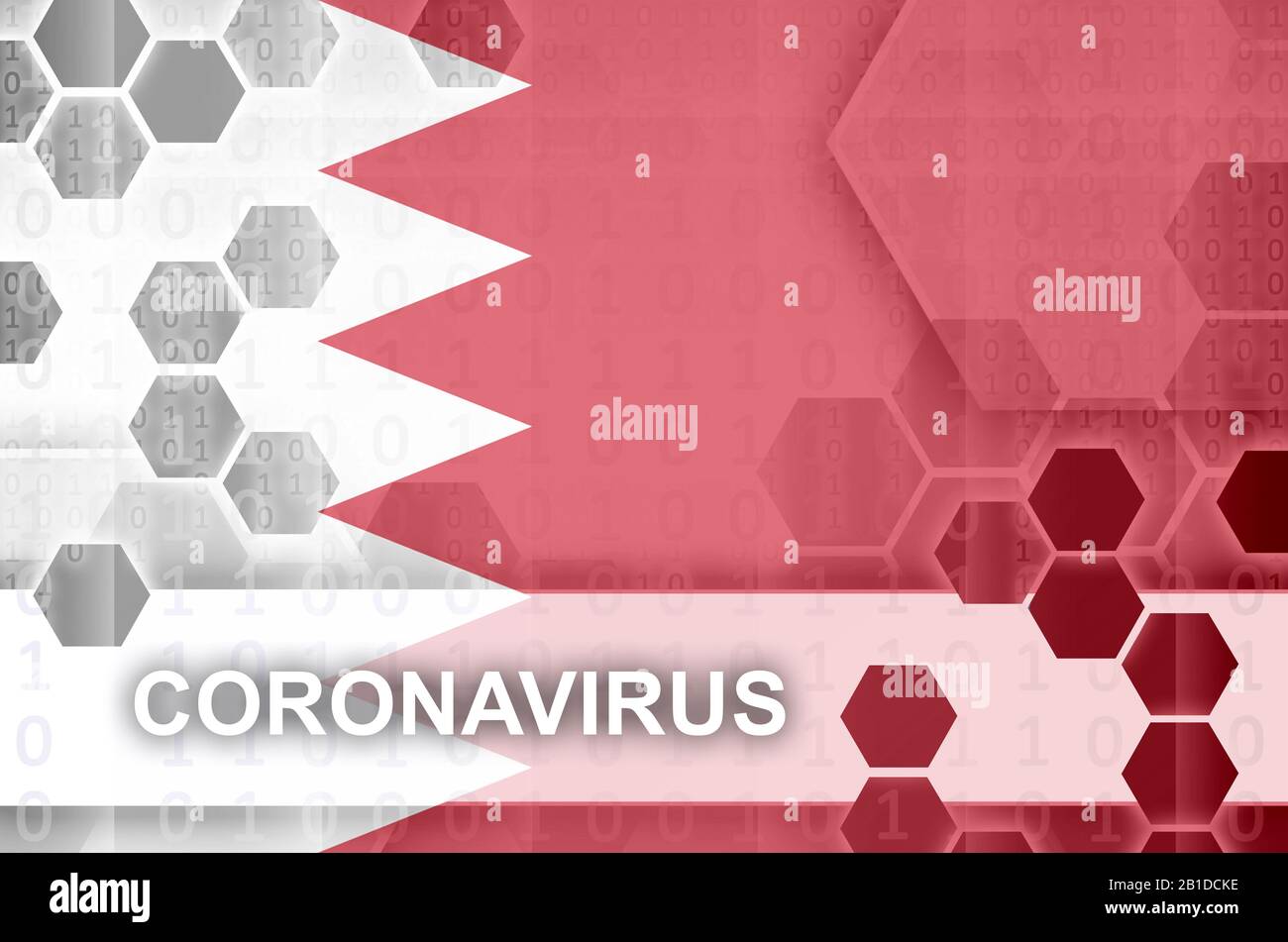 Drapeau de Bahreïn et composition abstraite numérique futuriste avec inscription de Coronavirus. Concept d'éclosion de virus Covid-19 Banque D'Images