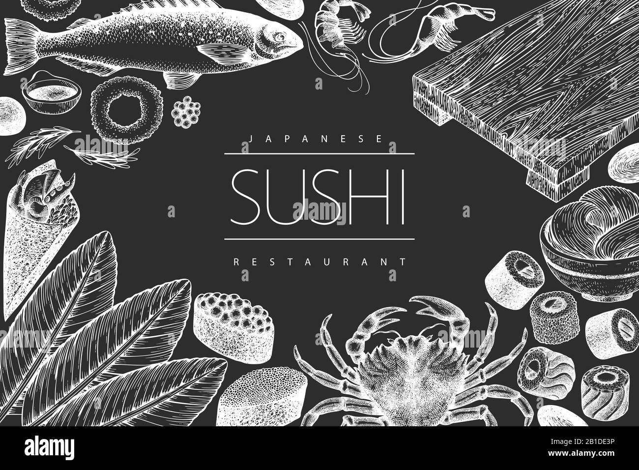 La cuisine japonaise modèle. Sushi hand drawn vector illustration sur tableau. Cuisine asiatique style vintage background. Illustration de Vecteur