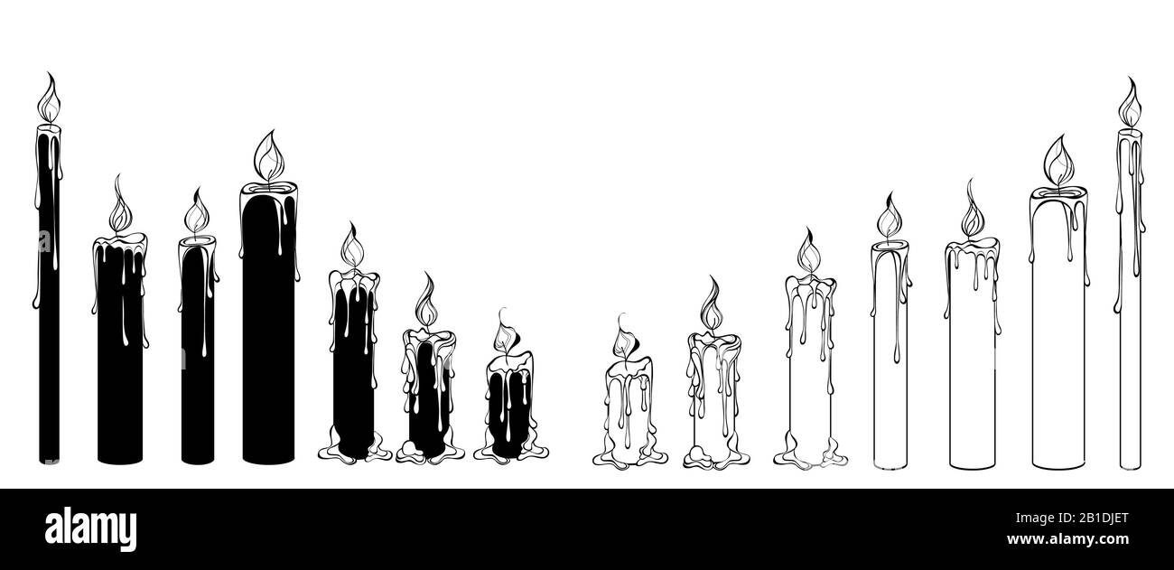 Ensemble de bougies de silhouette dessinées artistiquement, isolées, noires et blanches avec des traînées de cire. Illustration de Vecteur