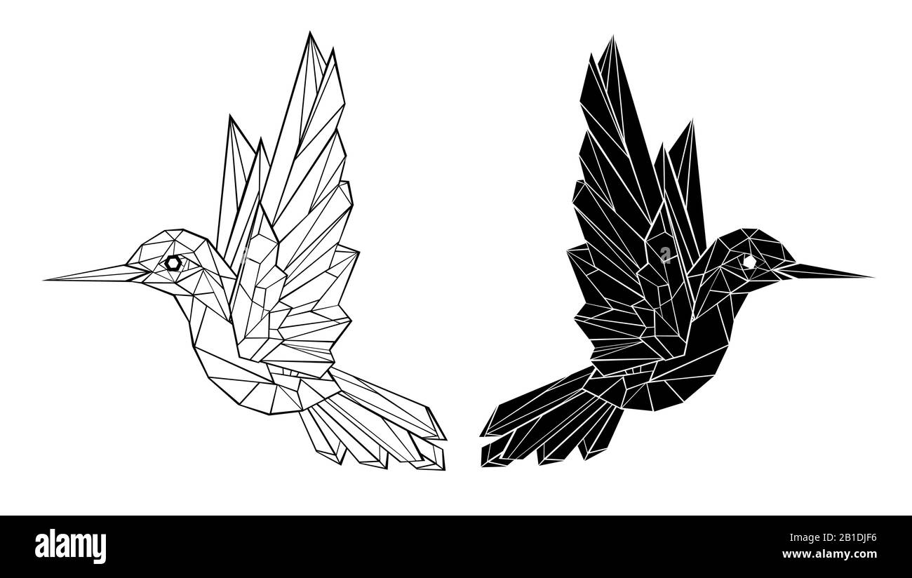 Dessin artistiquement, contour noir, colibris polygonal sur fond blanc. Style tatouage. Illustration de Vecteur