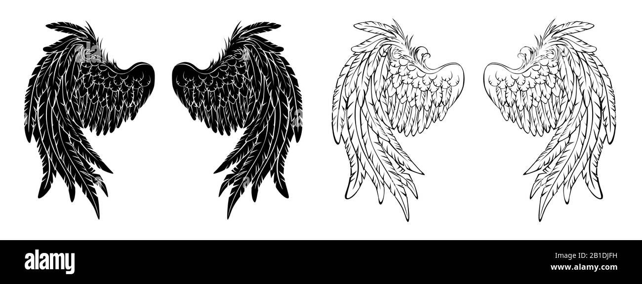 Deux ailes dessinées artistiquement, silhouette et contour sur fond blanc. Style tatouage. Illustration de Vecteur