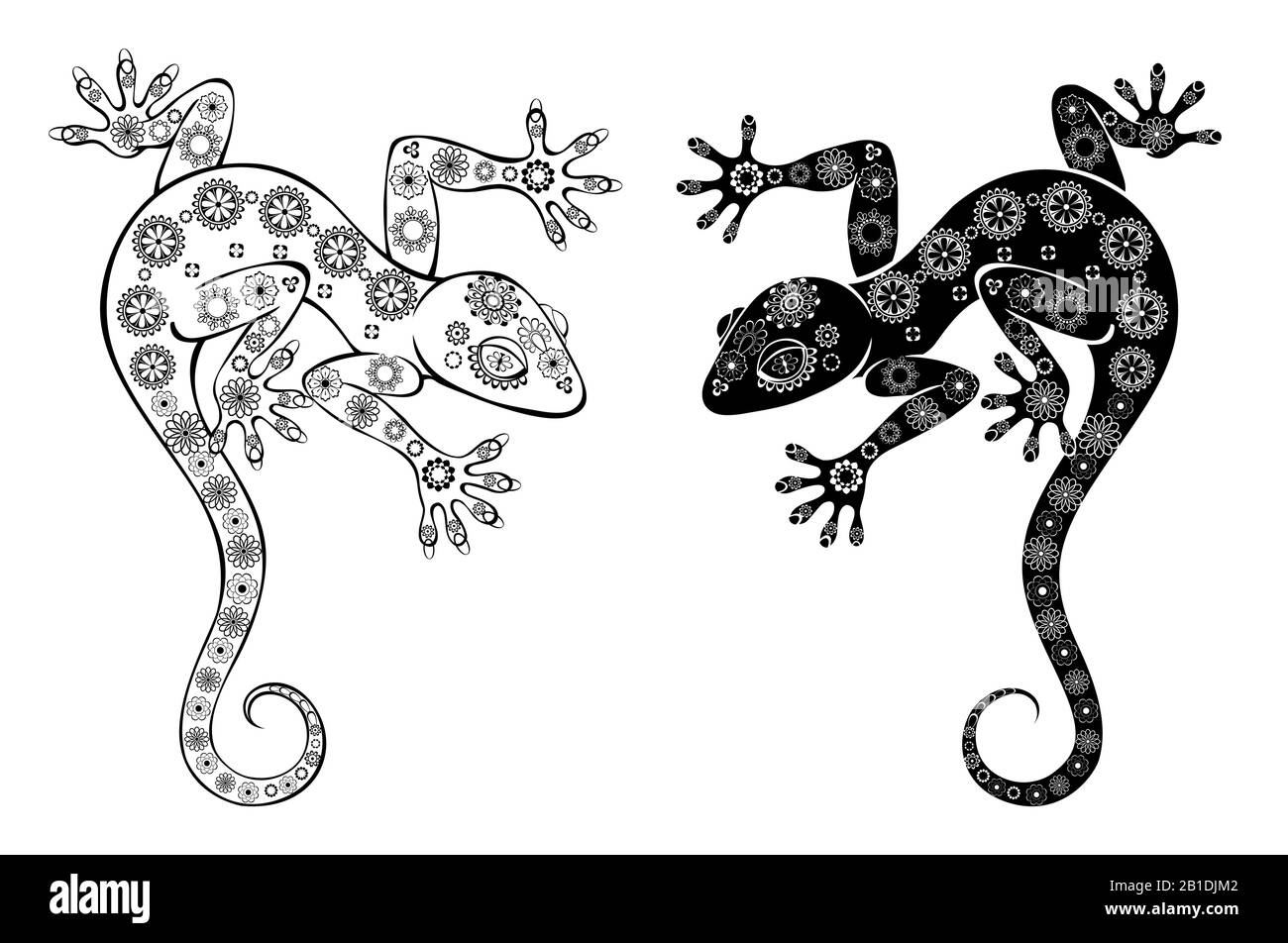 Deux motifs dessinés artistiquement, noir, contour geckos sur fond blanc.style Tattoo Illustration de Vecteur