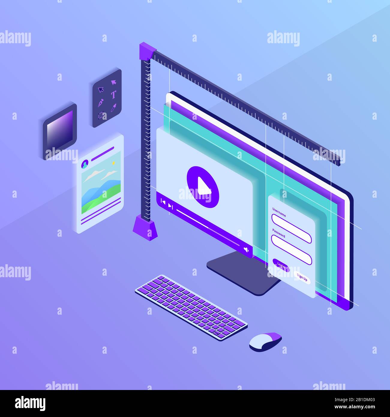 développement de sites web d'interface ou de conception visuelle avec écran d'ordinateur de moniteur avec vecteur de style isométrique Banque D'Images