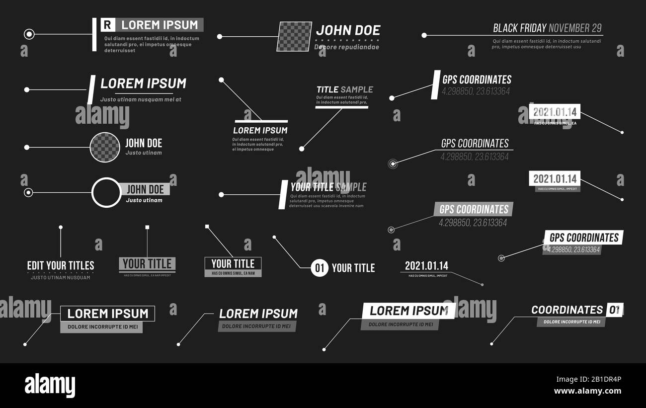 Titres des légendes. Les étiquettes de barre de symboles, les barres de zone d'appel d'informations et les modèles de disposition des boîtes d'informations numériques modernes sont des illustrations vectorielles Illustration de Vecteur