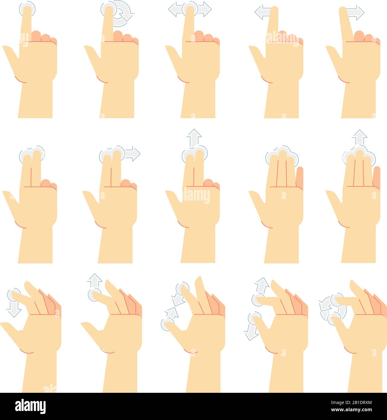 Mouvements de l'écran tactile. Touchez le doigt, faites glisser le doigt et touchez les écrans du smartphone à la main. Touchez jeu d'icônes vectorielles de dessin animé de l'interface utilisateur Illustration de Vecteur