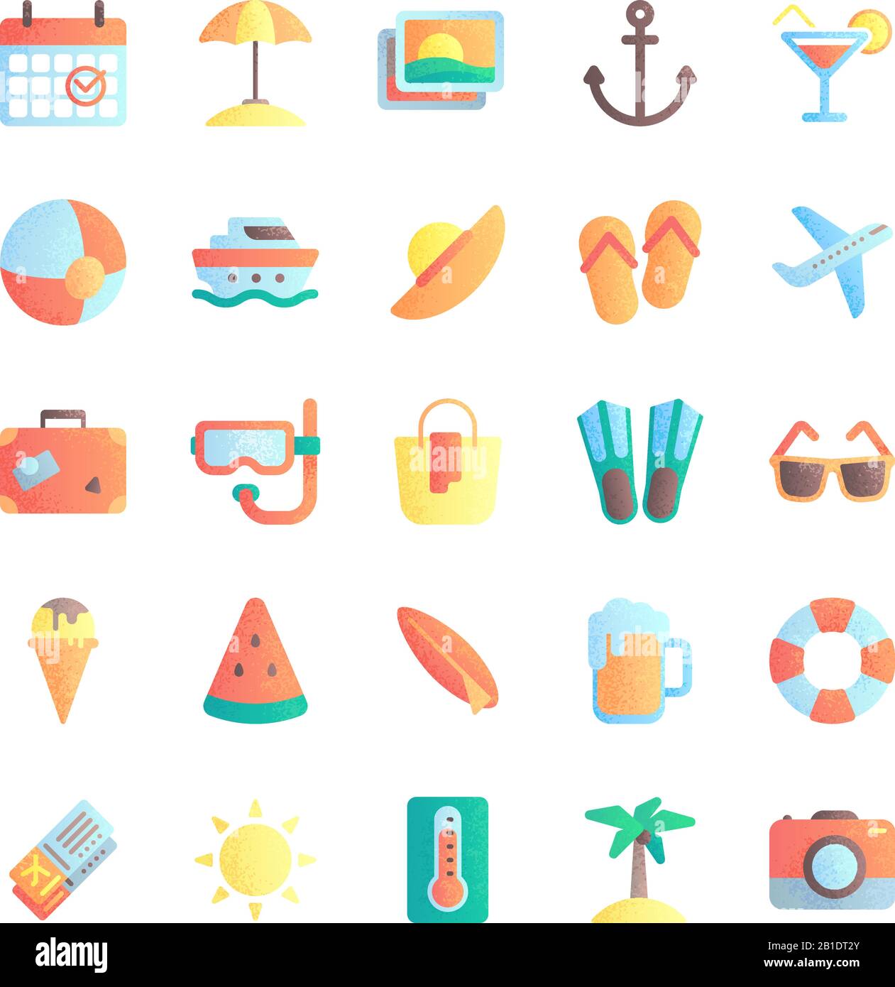 Icônes de plats d'été. Vacances estivales, parasol et lunettes de soleil. Jeu d'illustrations vectorielles d'icônes de soleil chaud Illustration de Vecteur
