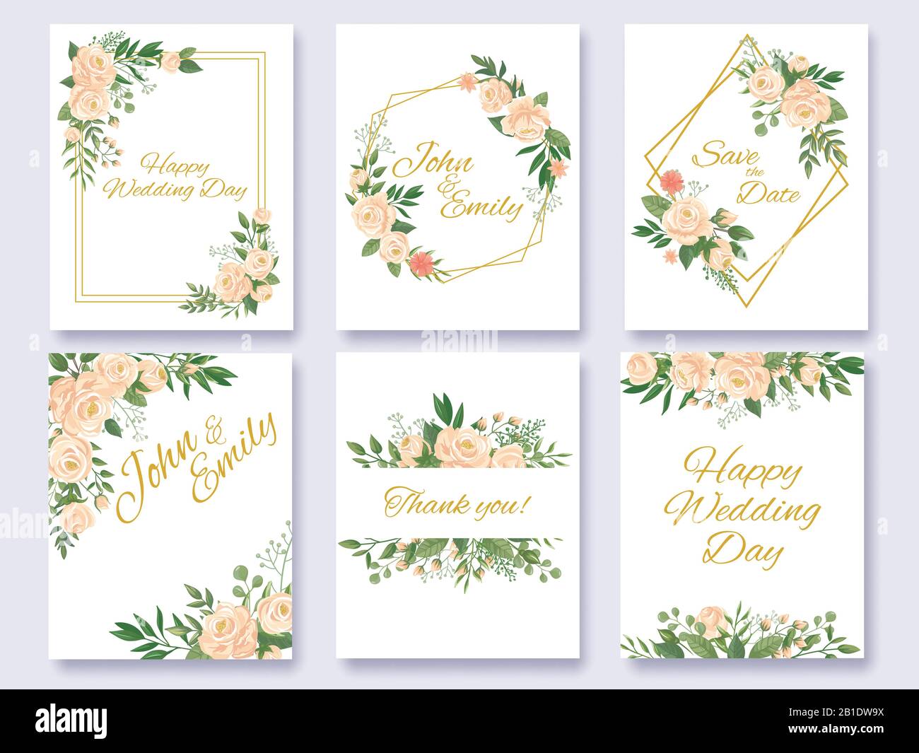 Carte fleurie pour invitation à un mariage. Cadres de fleurs, cadre de fleur de rose et fleurs invitations cartes modèle illustration vectorielle jeu Illustration de Vecteur