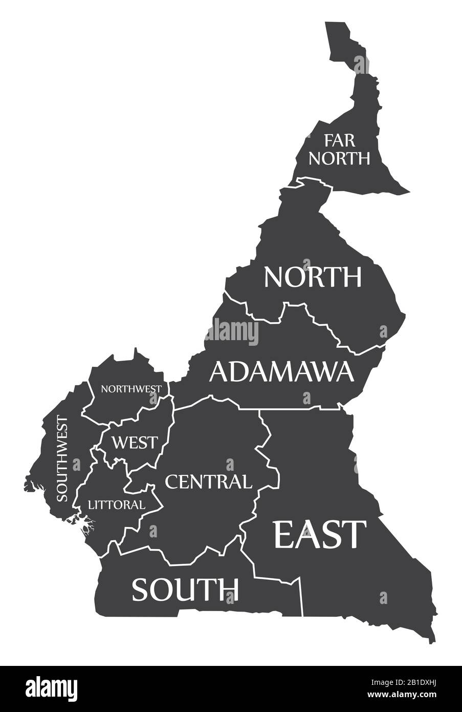 Carte noire du Cameroun avec étiquettes de région Illustration de Vecteur