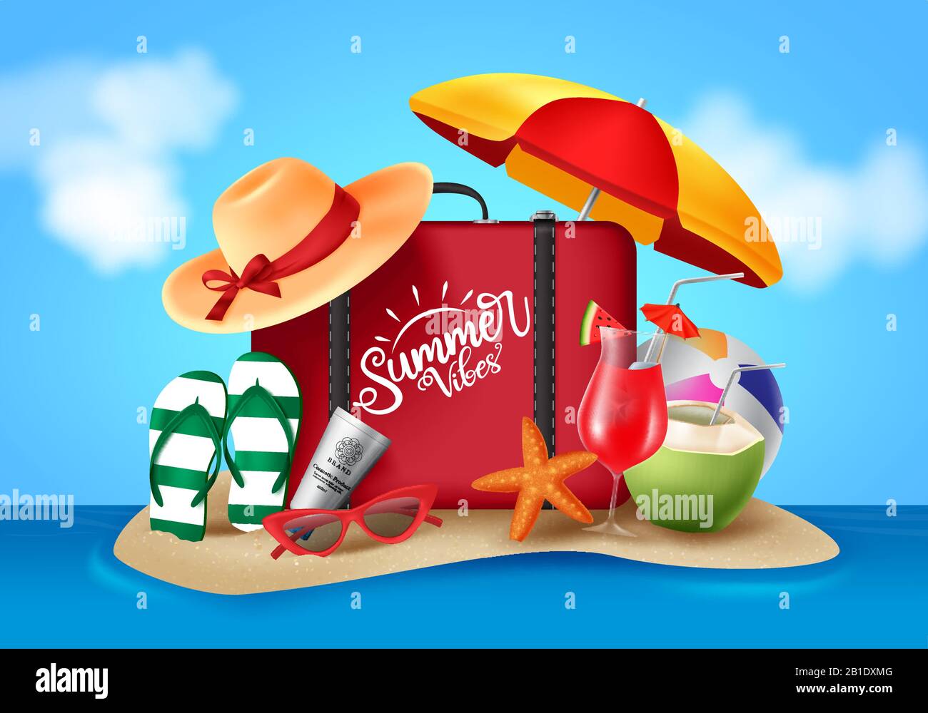 Motif bannière vectorielle d'été. L'été vibes texte avec des éléments  réalistes de plage comme les bagages, parapluie, chapeau, flipflop et  lunettes de soleil dans l'île de plage Image Vectorielle Stock - Alamy