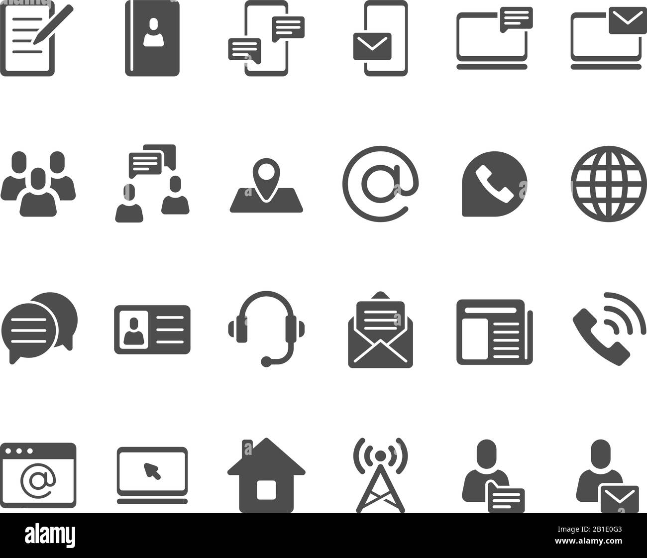 Icônes de contact. Silhouette des contacts téléphoniques, icône du carnet d'adresses et jeu de vecteurs de pictogrammes d'e-mail Illustration de Vecteur