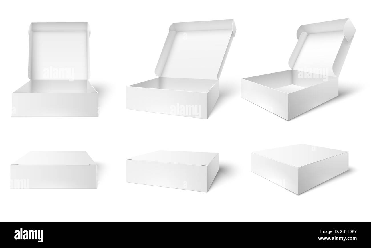 Ouvrir la boîte de conditionnement. Boîtes vides, paquets blancs ouverts et fermés maquettes d'illustration vectorielle en 3 dimensions Illustration de Vecteur