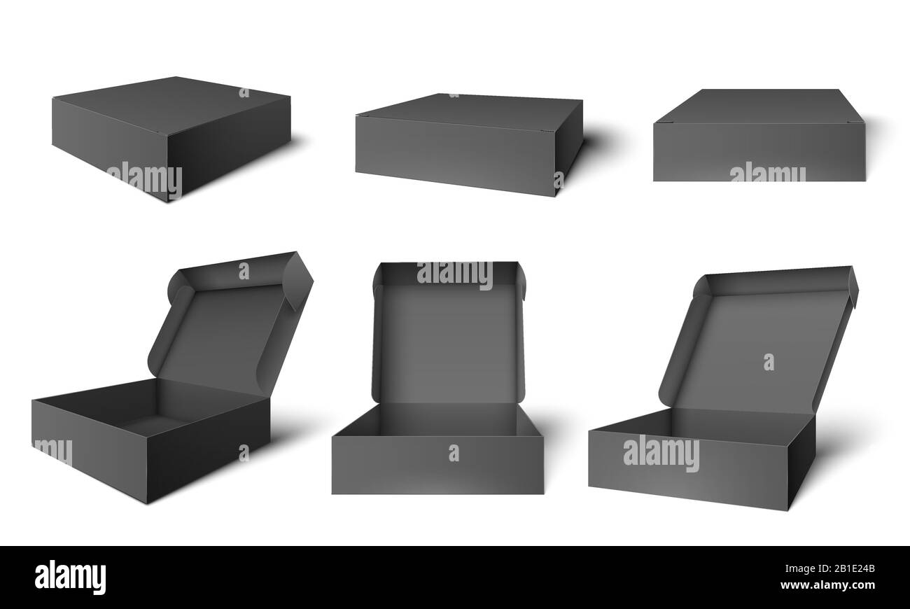 Ouvrir la boîte d'emballage noire. Boîtes ouvertes et fermées en carton sombre, illustration vectorielle de maquette d'emballage Illustration de Vecteur
