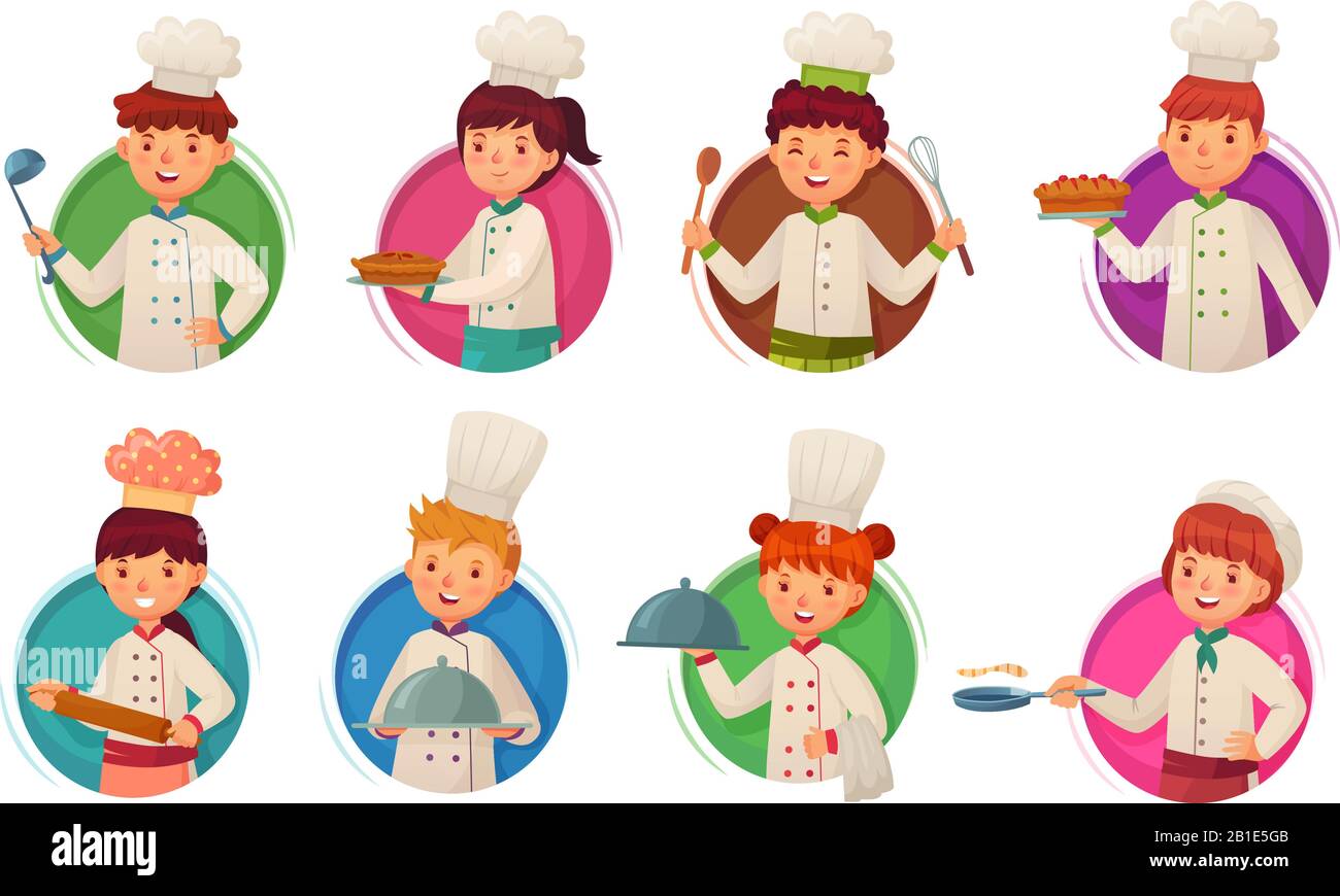 Petit chef enfant. Les enfants cuisinent, les enfants cuisent dans un cadre circulaire et les enfants chefs dans un ensemble d'illustrations vectorielles de dessins animés à trous ronds Illustration de Vecteur