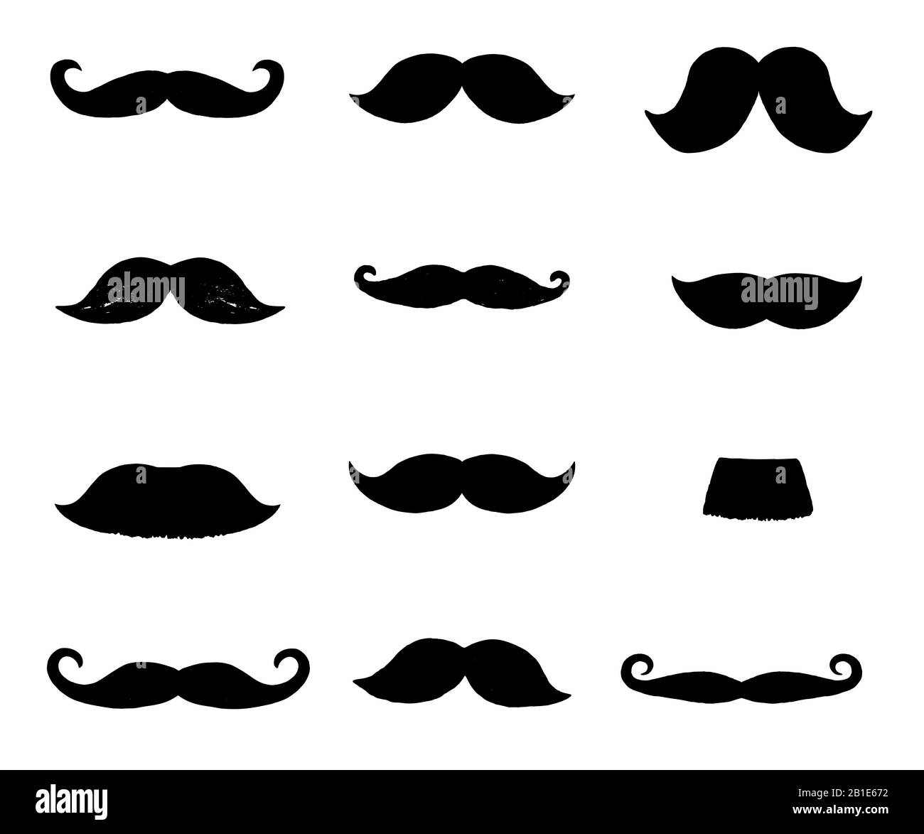 Jeu de moustaches noires isolées sur fond blanc. Collection moustaches dessinées à la main. Illustration de Vecteur