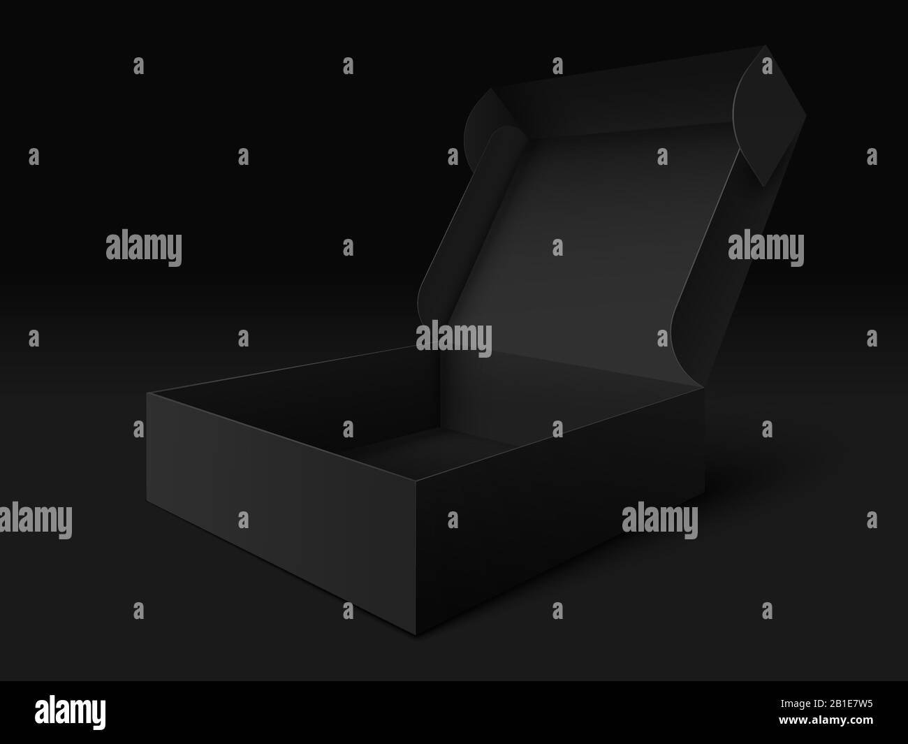 Boîte d'emballage noire. Illustration vectorielle de maquette de cube, de package sombre ouvert vide et de maquette de boîte Illustration de Vecteur