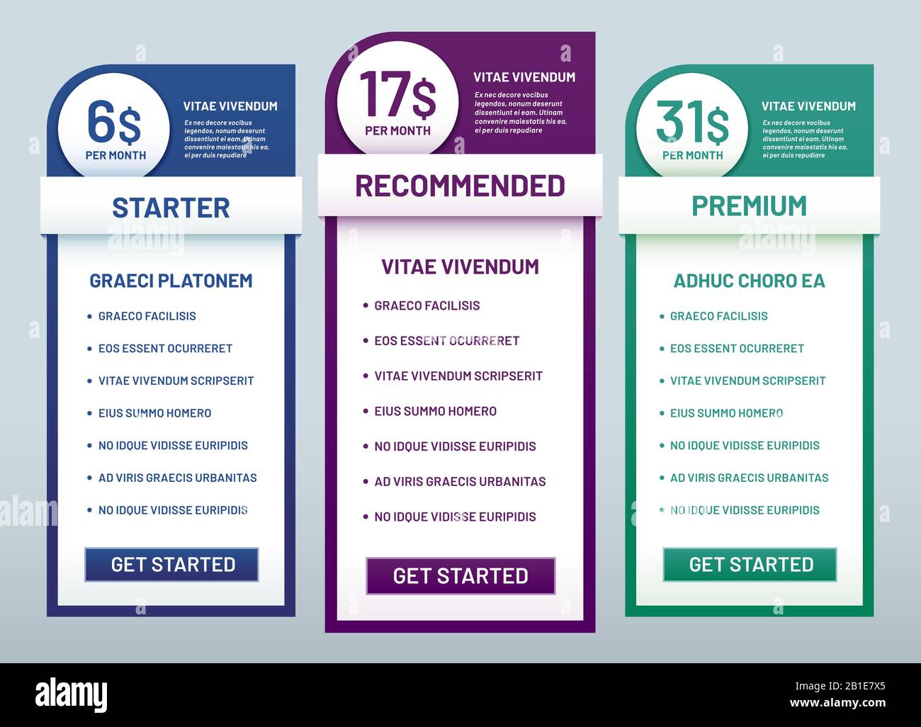 Comparaison des plans tarifaires. Tarifs recommandés, bannières de liste de prix et illustration vectorielle de modèle de plan de prix Illustration de Vecteur