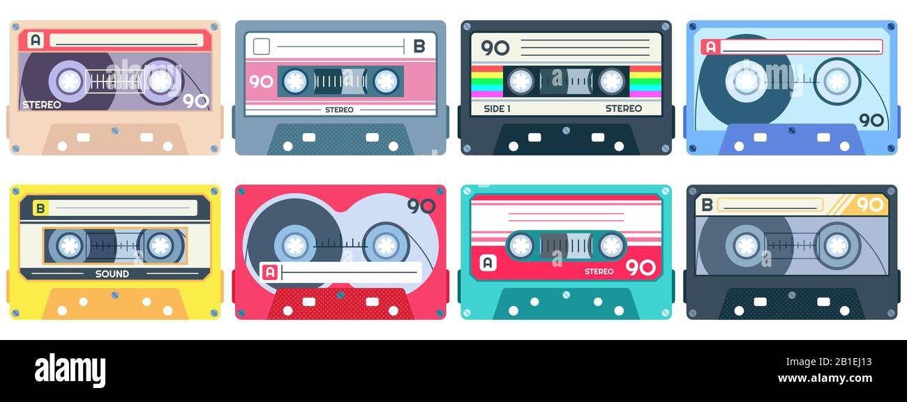 Cassette à ruban vintage. Jeu vectoriel de cassettes de musique rétro, de bandes de chansons pop des années 1980 et de cassettes de musique stéréo Illustration de Vecteur