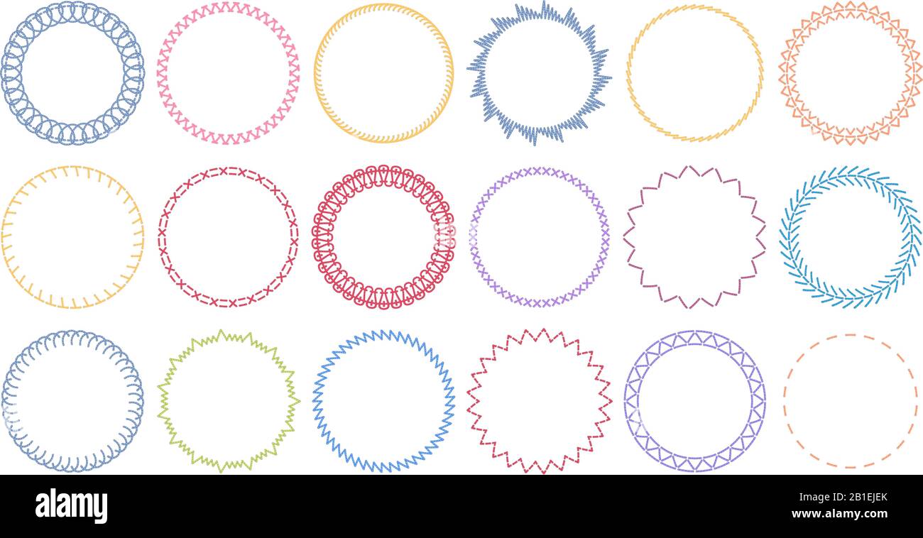 Cadres de cercles à coudre. Bordures brodées, cadre rond cousu et coutures cousues ensemble d'illustrations vectorielles Illustration de Vecteur
