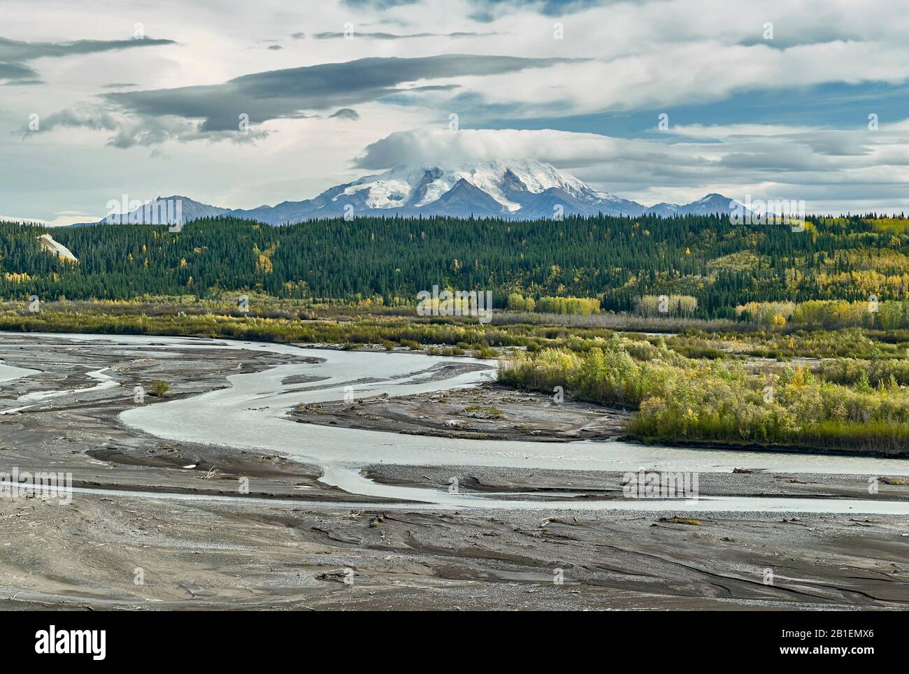 Mont Wrangle et rivière Copper à l'automne, autoroute Glenn : Tok à Anchorage, Alaska Banque D'Images