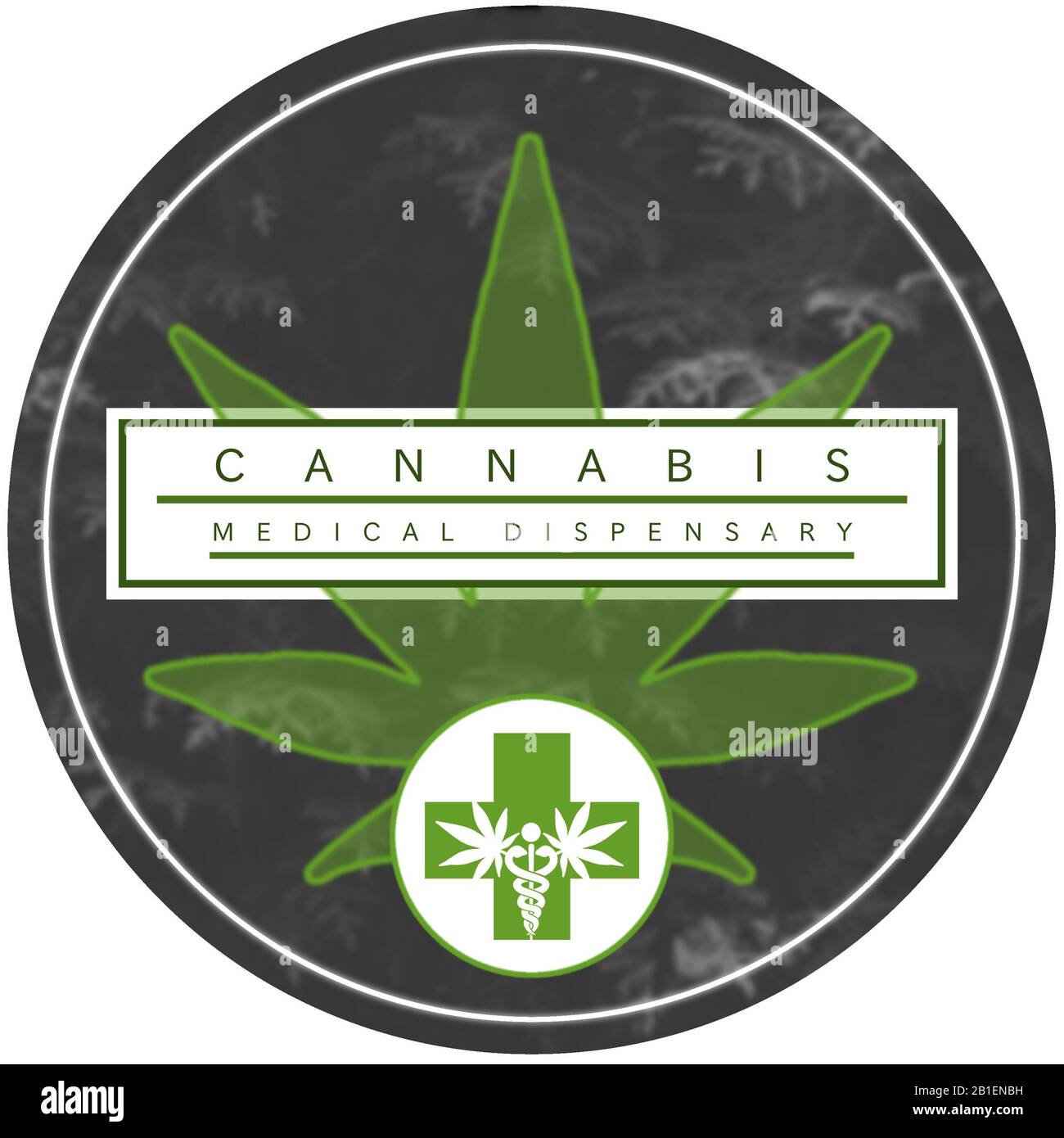 Motif du logo de distribution de marijuana/cannabis. Logo circulaire avec coloris noir, blanc et vert. Banque D'Images