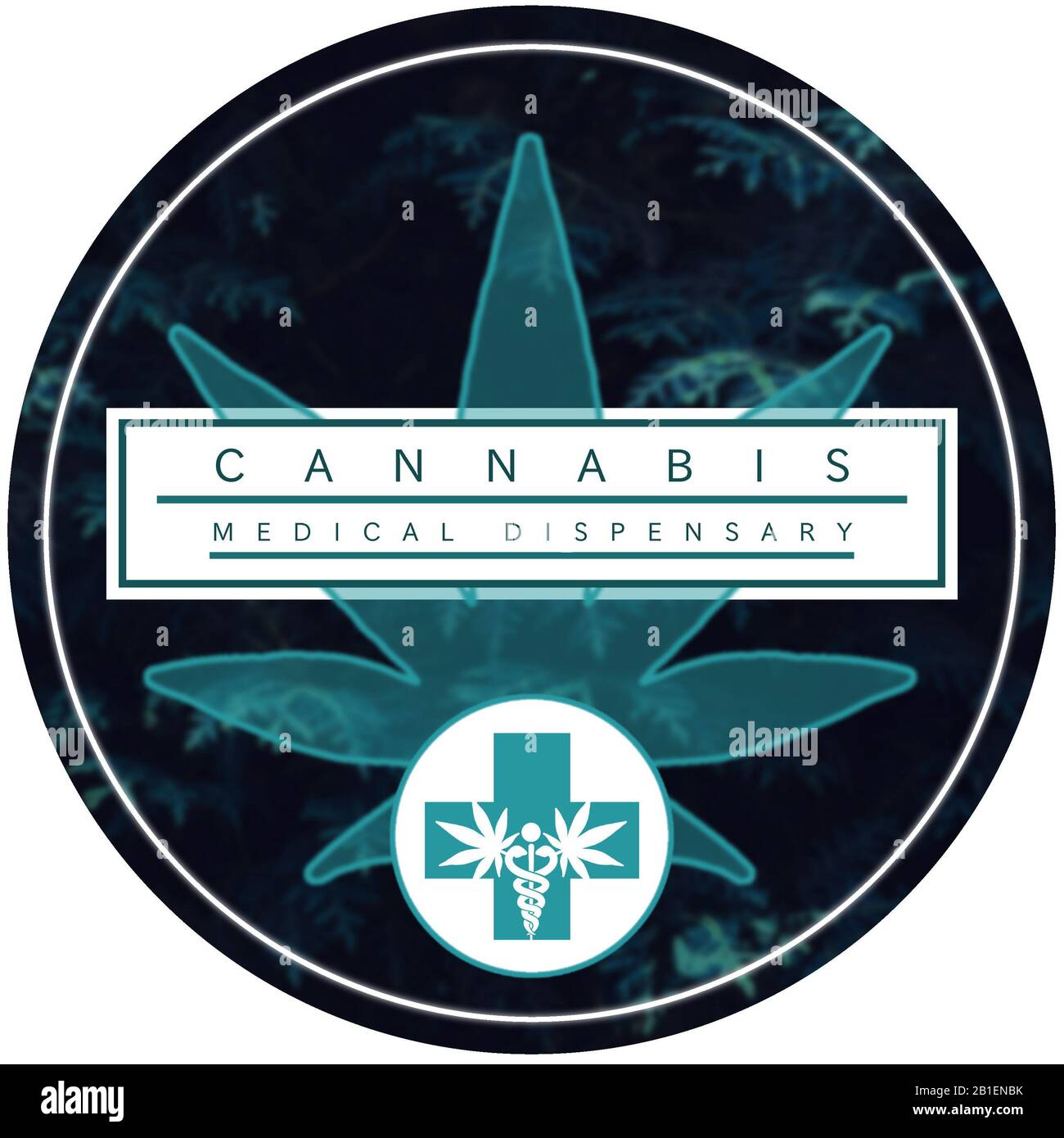Motif du logo de distribution de marijuana/cannabis. Logo circulaire avec coloris noir, blanc et bleu. Banque D'Images