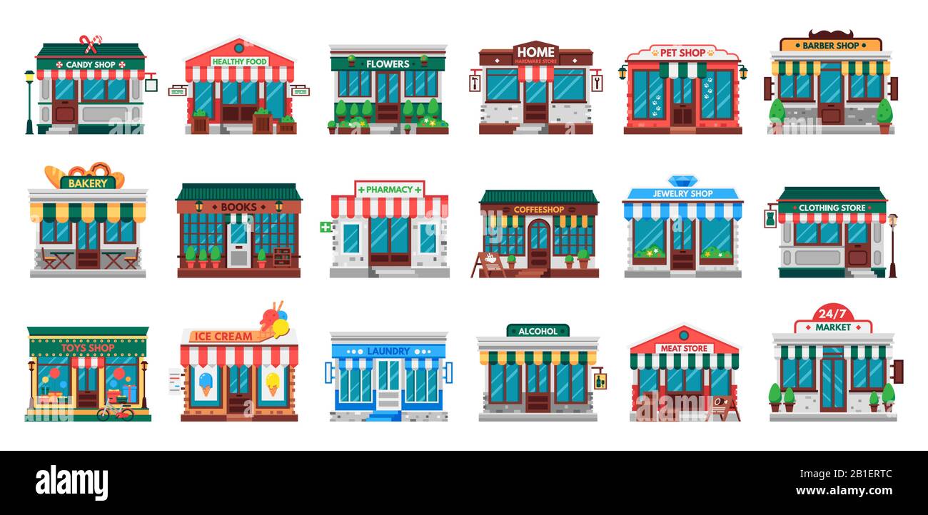 Façades de magasins. Buanderie, quincaillerie de magasin de façade et pharmacie appartement Vector set Illustration de Vecteur