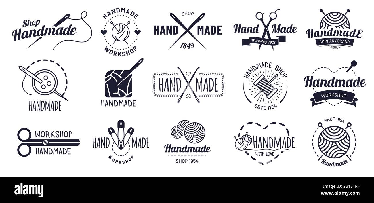 Badges faits à la main. Écusson Hipster Craft, étiquettes d'atelier anciennes et illustration vectorielle du logo Handcraft Illustration de Vecteur