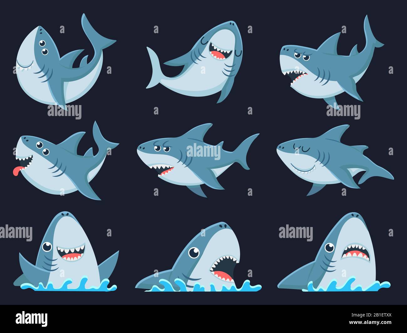 Mascotte aux requins marins. Animaux de requins effrayants, mâchoires souriantes et jeu d'illustrations vectorielles de dessins animés de requins nageurs Illustration de Vecteur