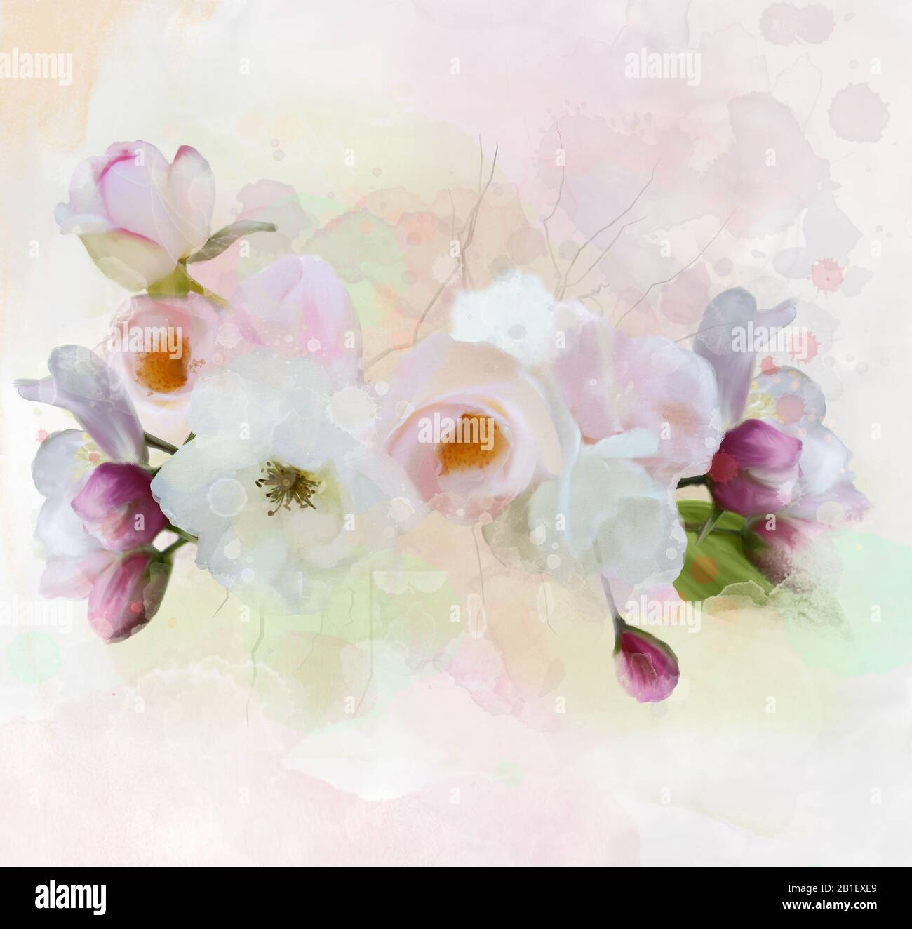 Collection de fleurs de printemps et d'été – composition de roses blanches et de cerisiers en fleurs violettes Banque D'Images