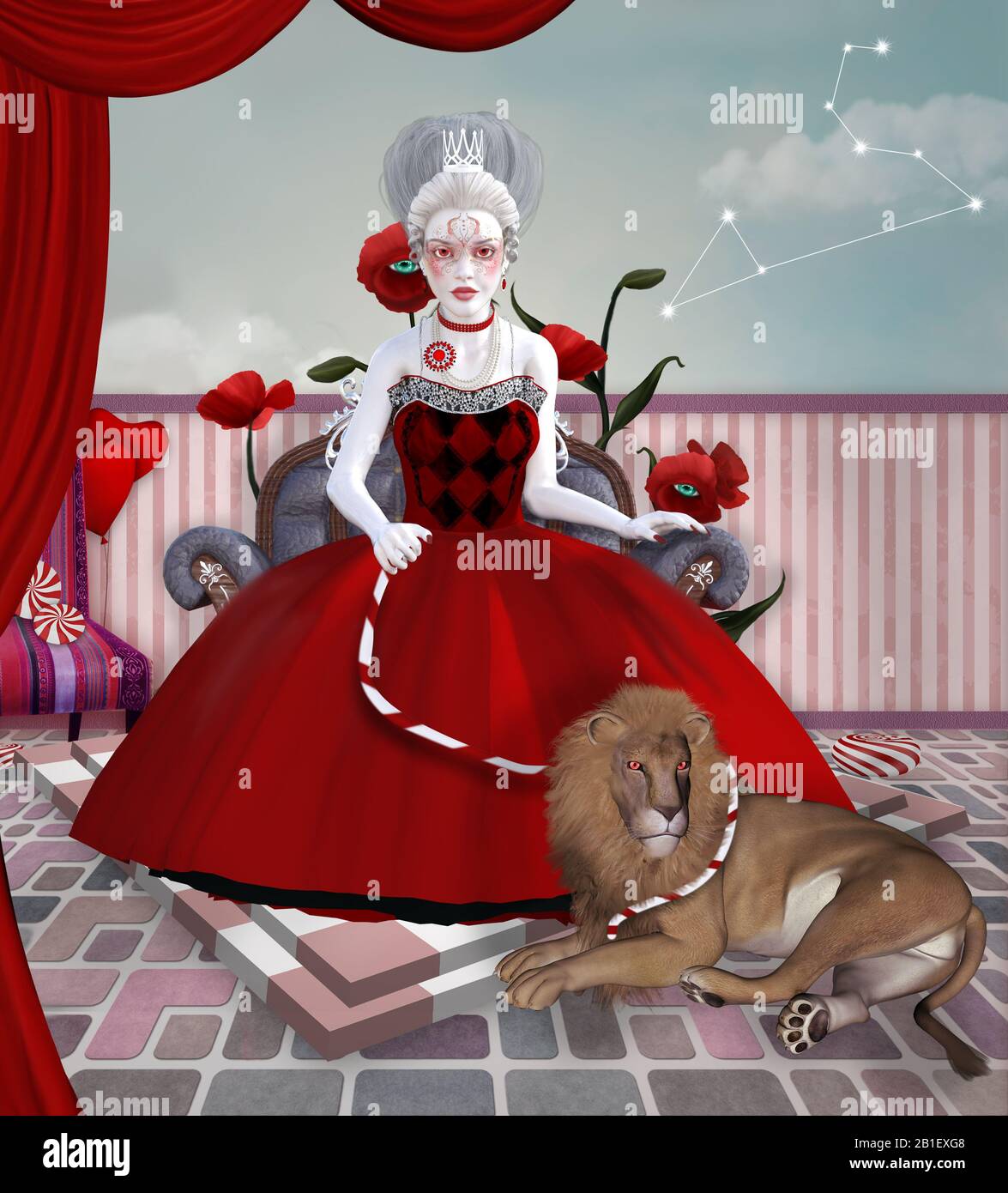 Série de zodiaque inspirée par Marie-Antoinette - Lion comme femme noble avec un lion féroce sur une laisse Banque D'Images