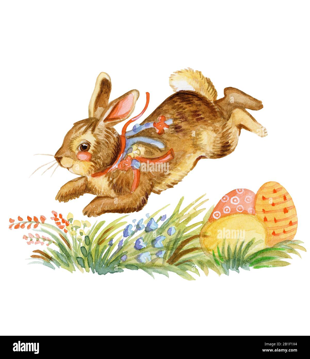Illustration en aquarelle d'un lapin sautant, oeufs de pâques et fleurs, illustration du stock. Personnages de lapin de Pâques illustration vintage isolée sur whi Banque D'Images