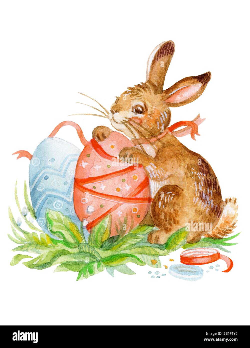 Illustration aquarelle d'un lapin décorant des œufs par rubans illustration du stock. Motifs vintage des lapins de Pâques isolés sur le dos blanc Banque D'Images