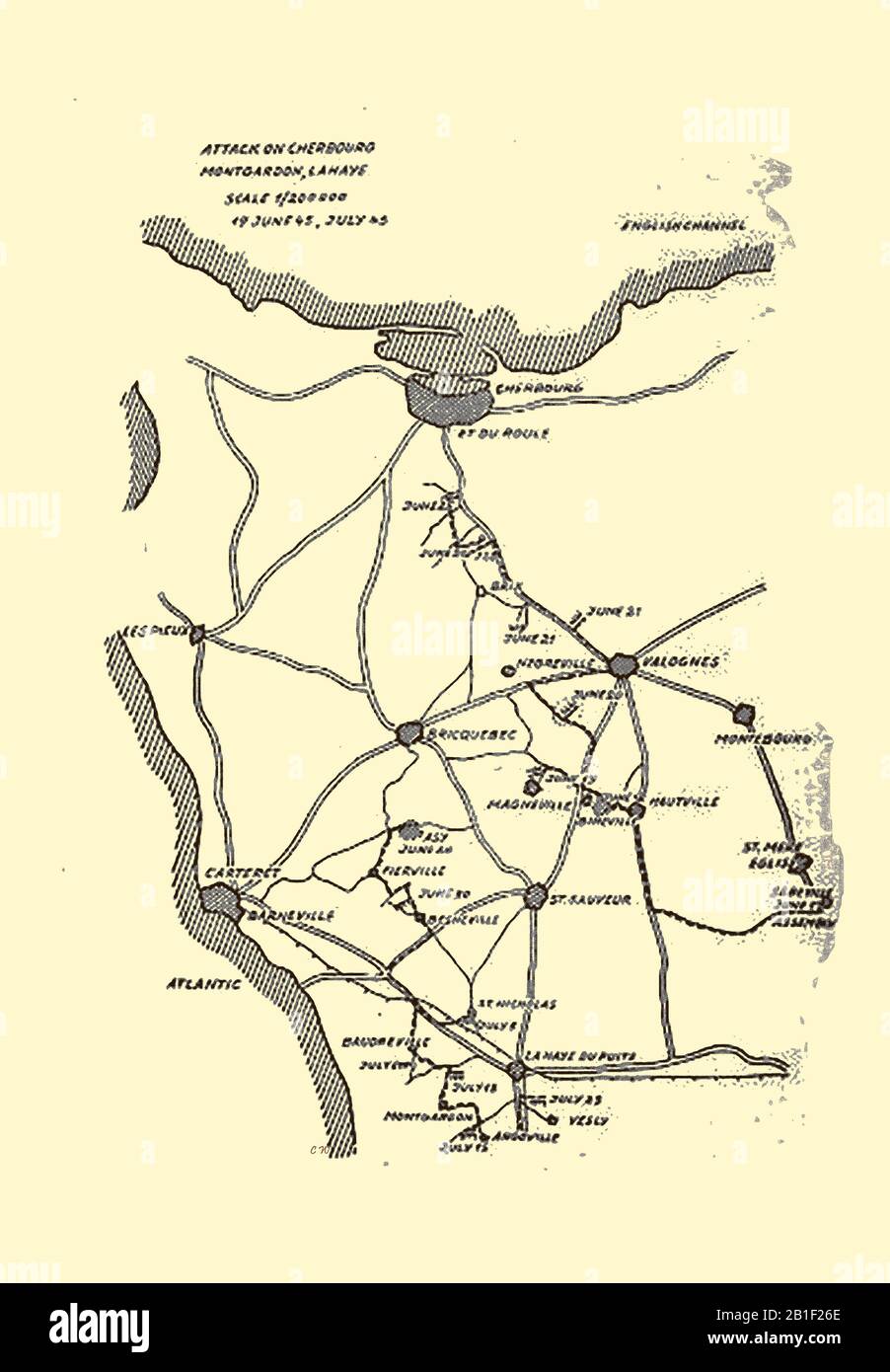 Carte d'esquisse de bataille de la seconde Guerre mondiale. L'Attaque contre Cherbourg juin-juillet 1945, (partie de la bataille de Normandie) Banque D'Images