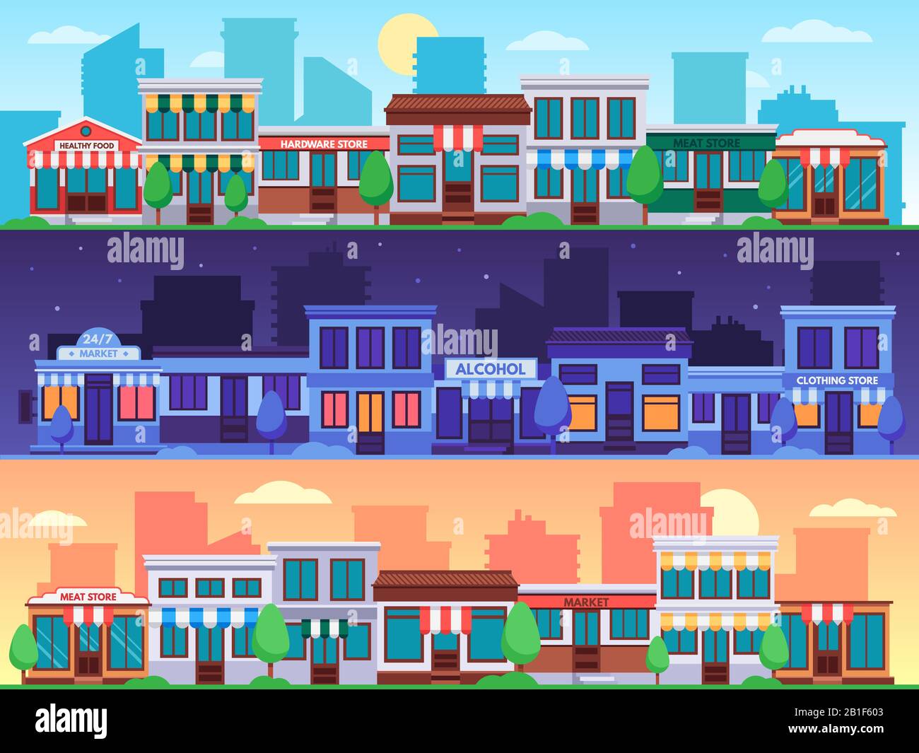 Rue commerçante. Petites rues commerçantes paysage urbain, route de la ville avec bâtiment de magasins et vente au détail de la ville illustration vectorielle Illustration de Vecteur