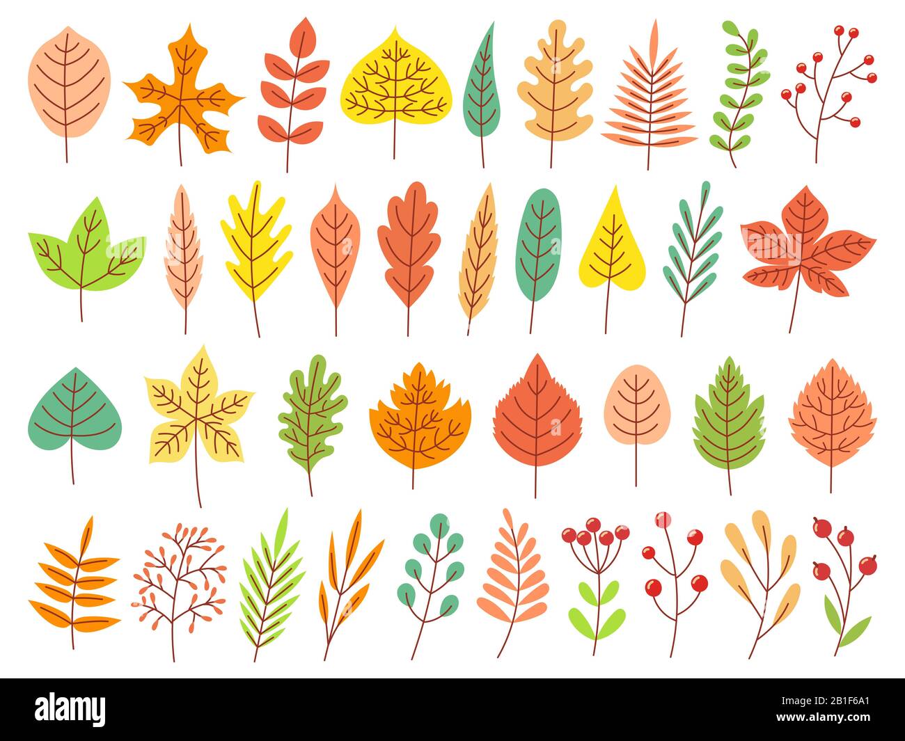 Feuilles d'automne. Feuille de jardin automnale jaune, feuille de chute rouge et feuilles sèches déchue ensemble vectoriel plat Illustration de Vecteur