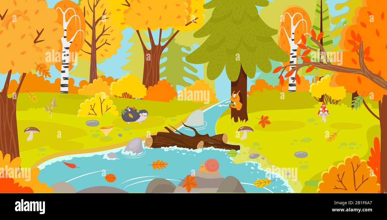 Forêt d'automne. Le paysage naturel automnal, les arbres de forêts jaunes et la chute des bois laissent une illustration vectorielle de dessin animé Illustration de Vecteur