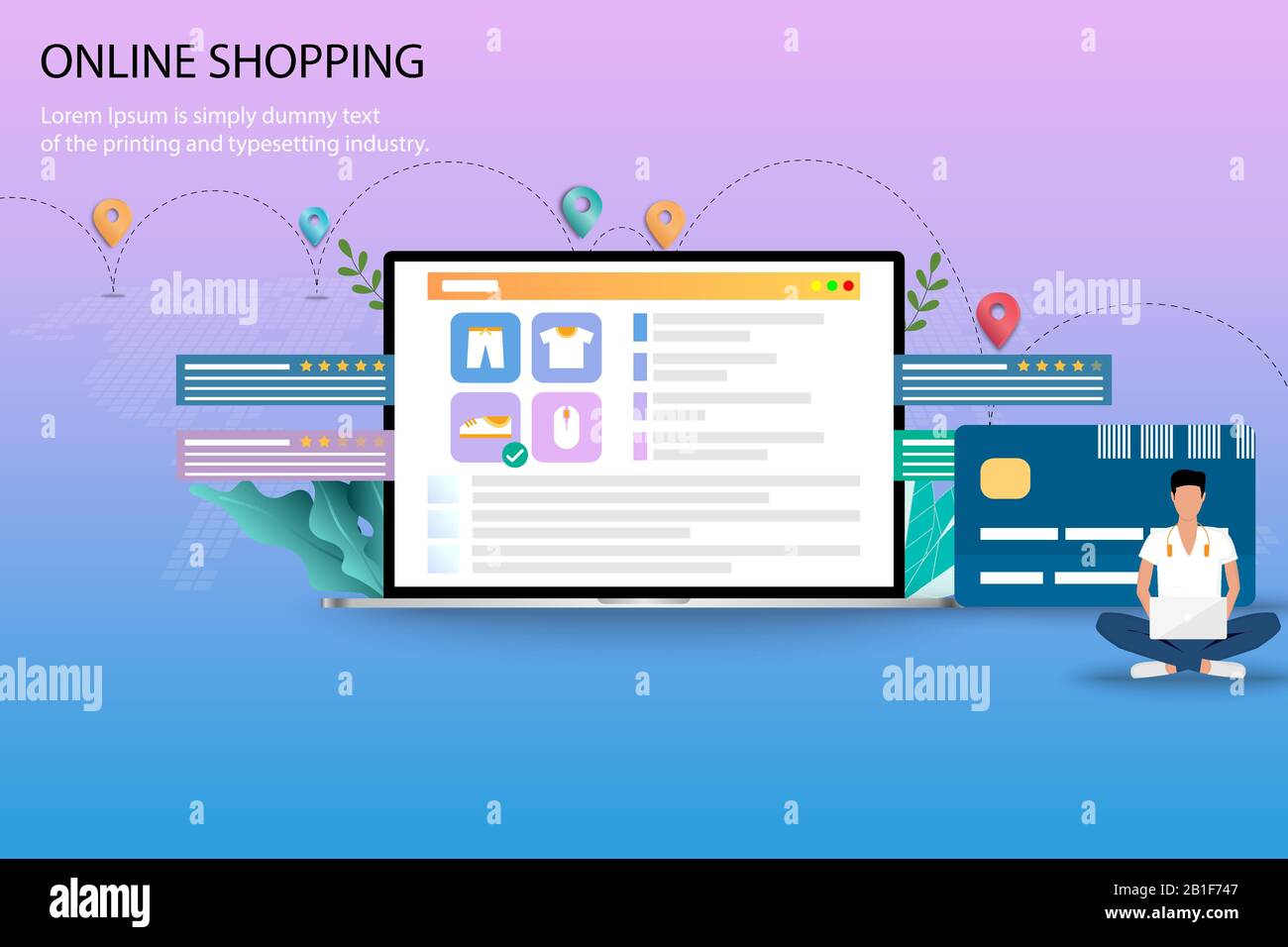 Concept d'affaires de shopping en ligne, jeune homme recherche sur son ordinateur portable pour trouver de nouvelles chaussures et s'asseoir près d'une grande carte de crédit et d'ordinateur portable. Illustration de Vecteur