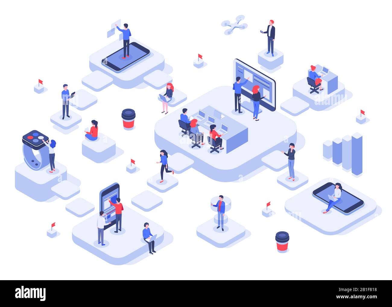 Équipe de travail isométrique. Plates-formes Cloud Worklieux, processus de flux de travail des équipes modernes et illustration vectorielle 3d de démarrage de l'entreprise de développement Illustration de Vecteur