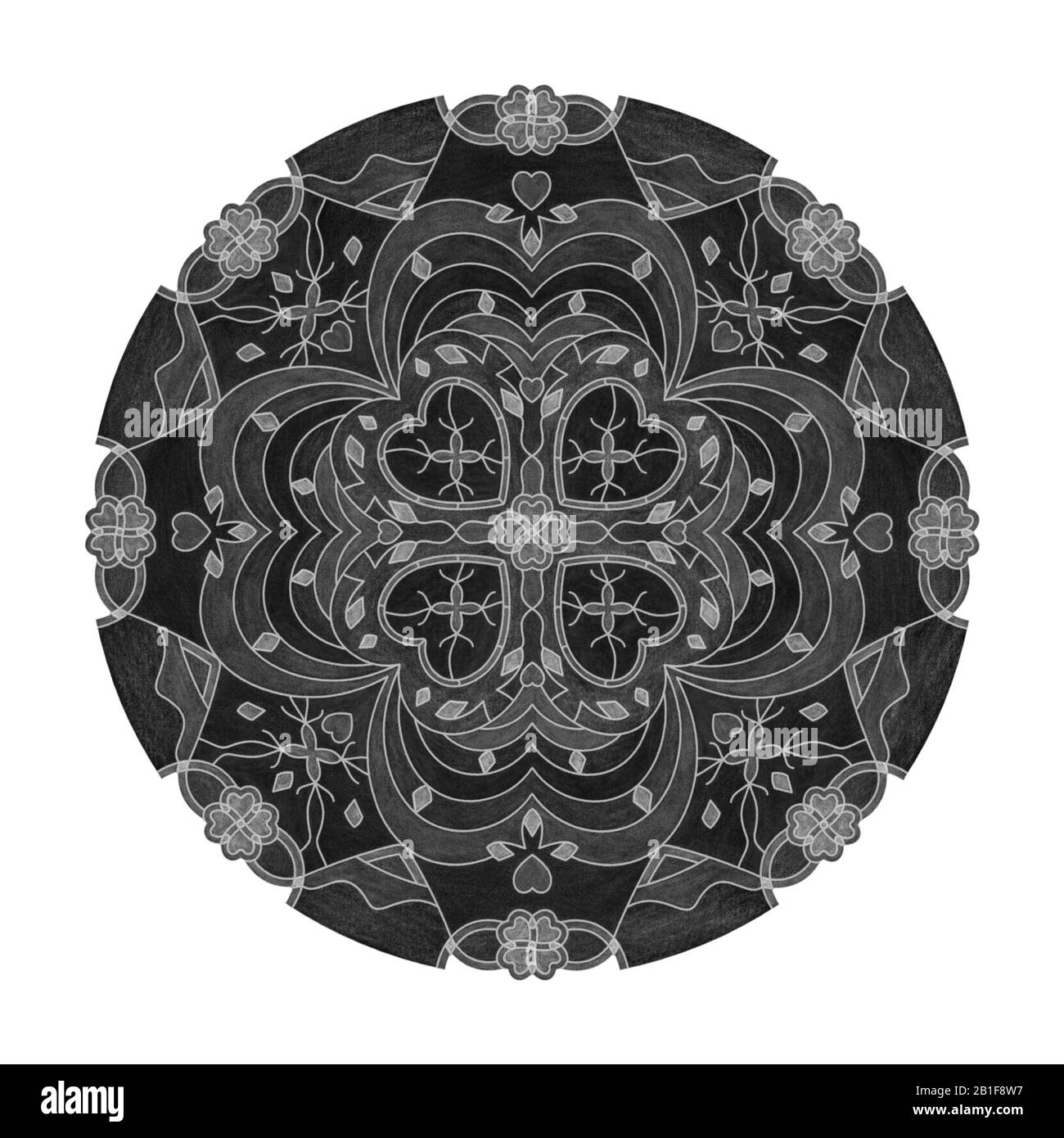 Effets de crayon de couleur. Illustration mandala noir, blanc et gris. Cœurs et abstrait. Élément décoratif. Banque D'Images