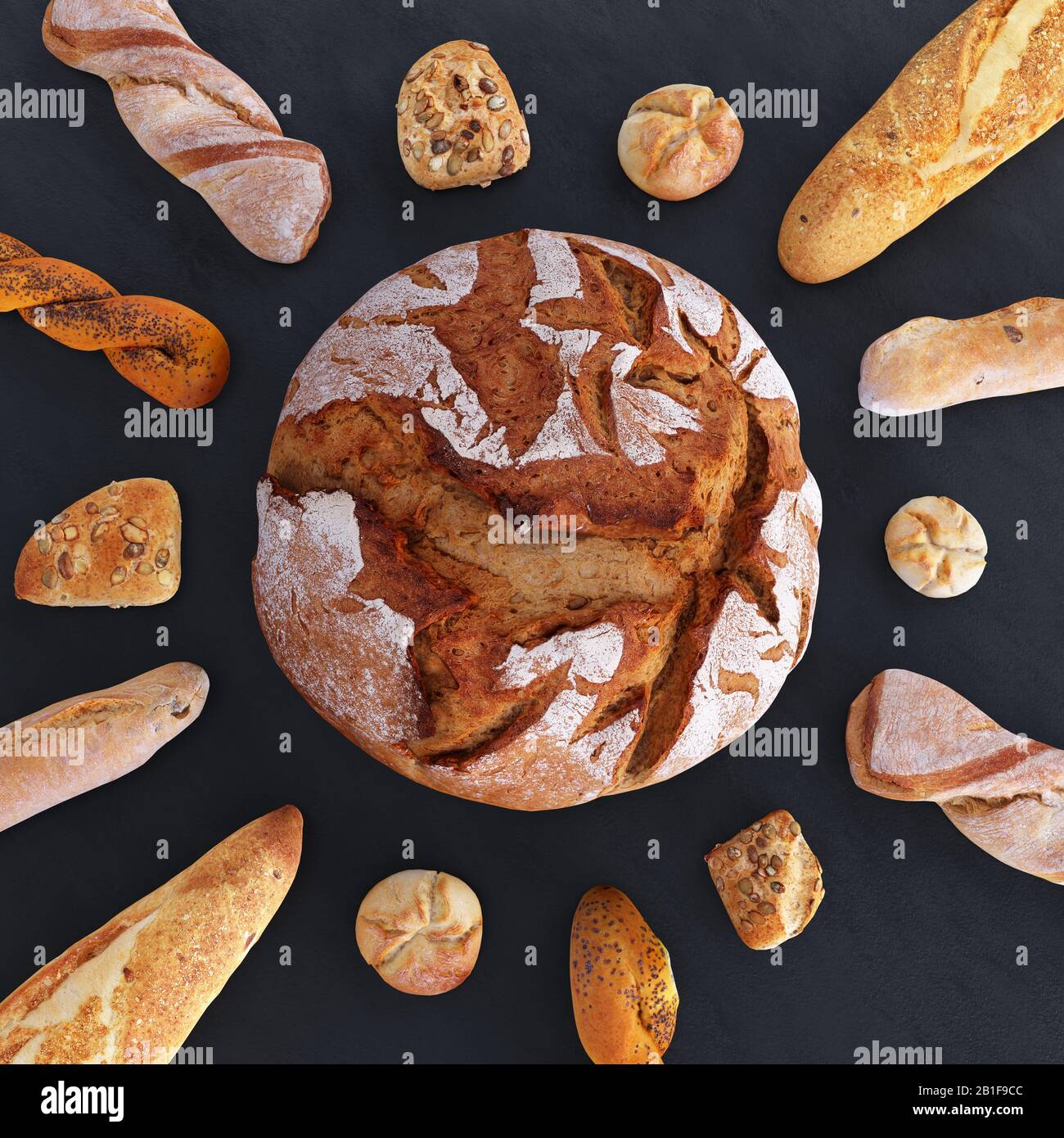 Différents types de pain et de petits pains dans la vue de dessus. Pain sous forme de soleil et