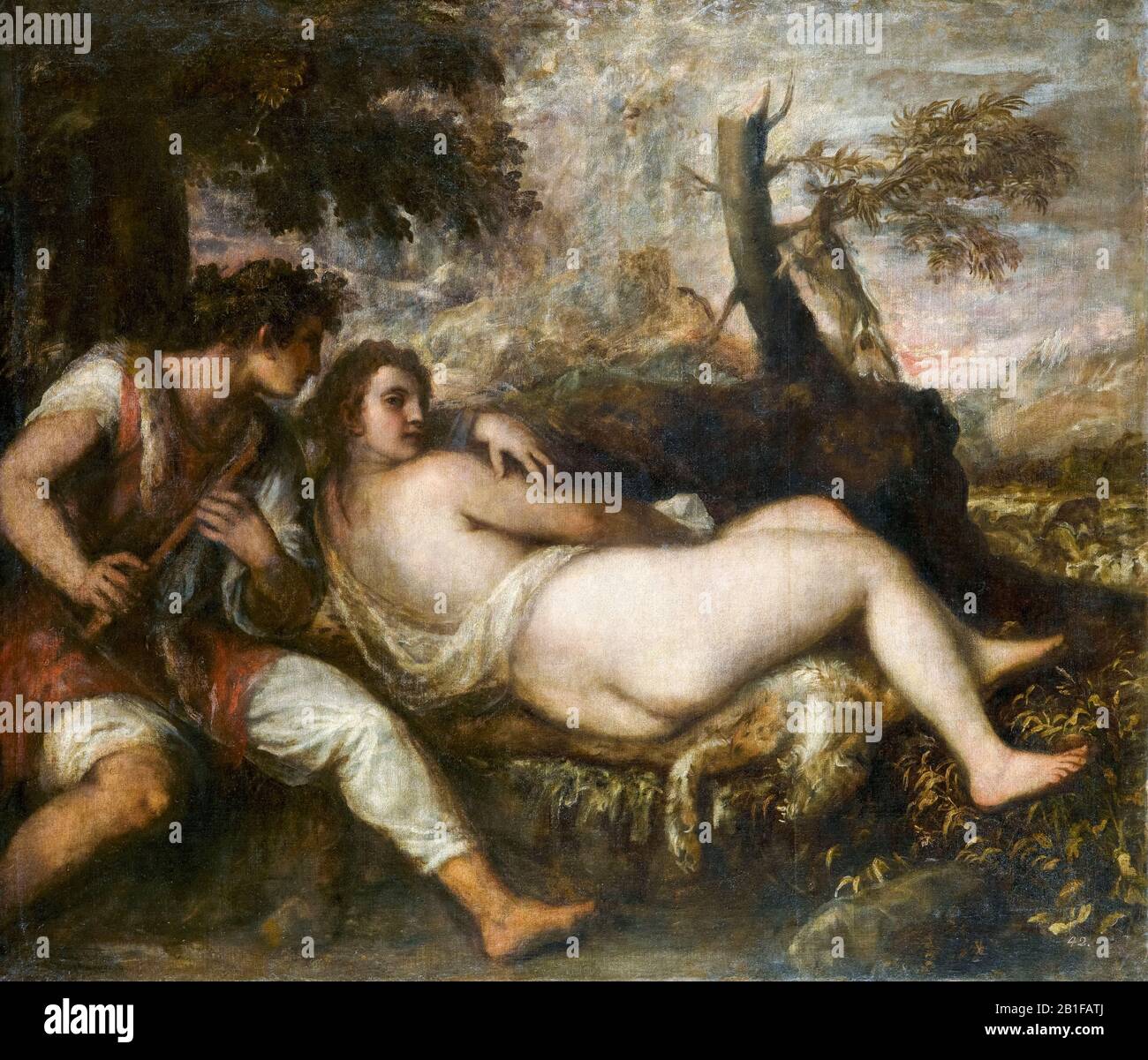 Titien, Tiziano Vecellio, Nymphe et Berger, peinture, 1570-1575 Banque D'Images