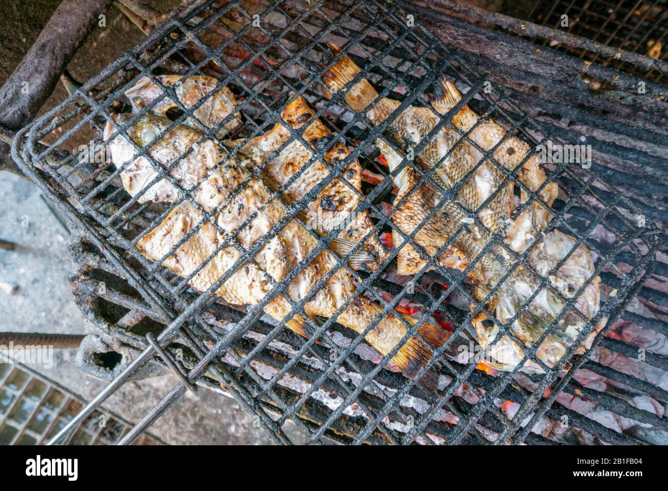 Deux poissons barbecue au charbon de bois prêts à manger, Afrique Banque D'Images