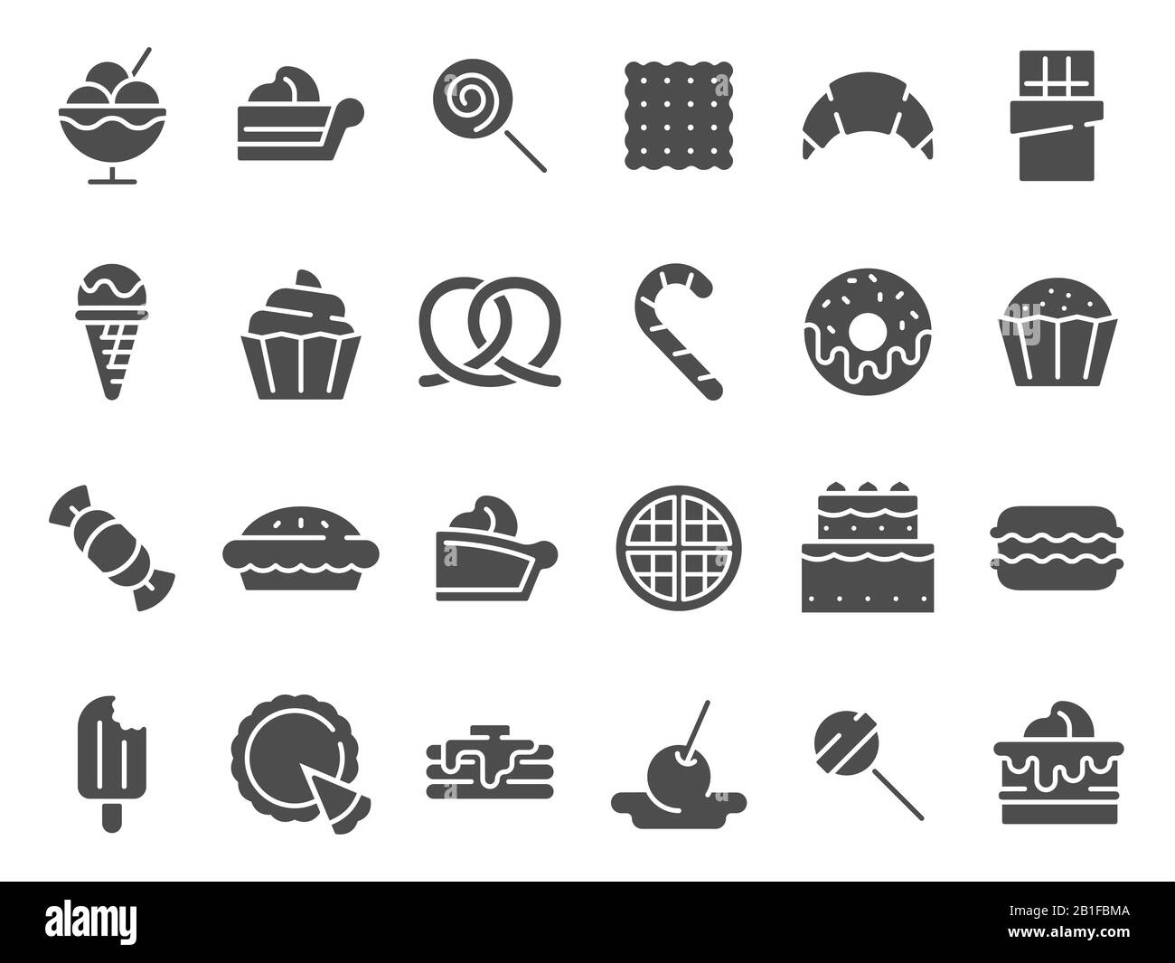 Icône de silhouette de desserts. Des gâteaux de muffin sucré, de la crème glacée au dessert et des icônes vectorielles de tarte au chocolat sont définies Illustration de Vecteur