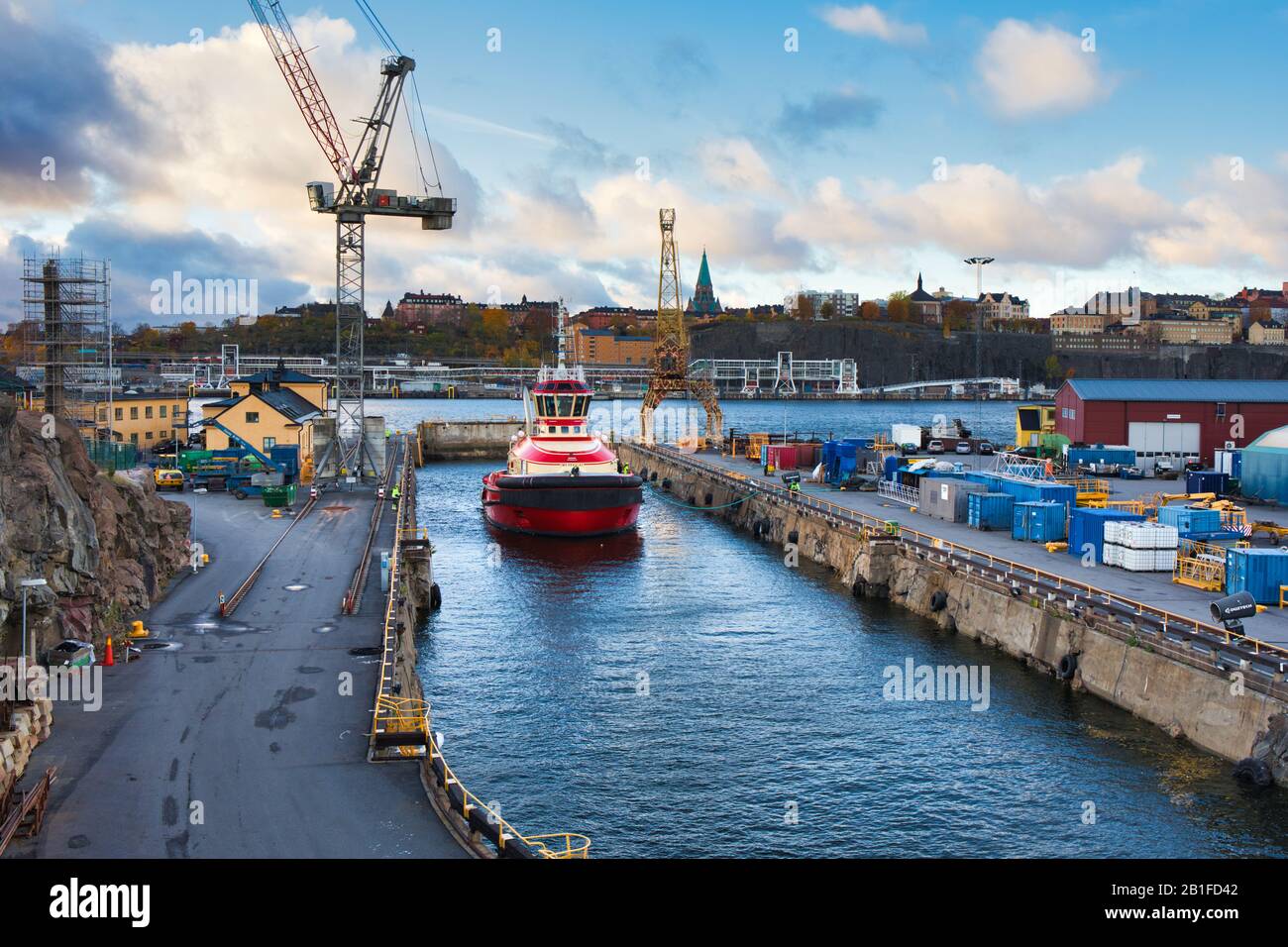 Quai commercial sur la petite île centrale de Stockholm, Beckholmen, Stockholm, Suède Banque D'Images