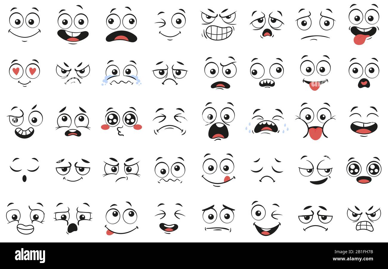 Faces de dessin animé. Yeux et bouche expressifs, souriant, pleurant et surpris des expressions du visage de caractère vecteur illustration set Illustration de Vecteur
