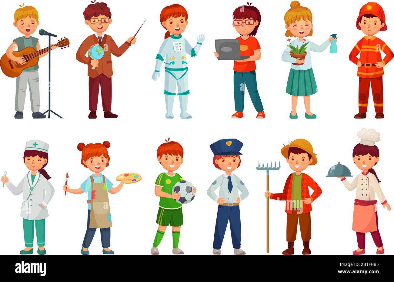 Travailleurs pour enfants. Uniforme professionnel de l'enfant, policier enfant et métier de bébé professions de dessin animé scénario ensemble Illustration de Vecteur