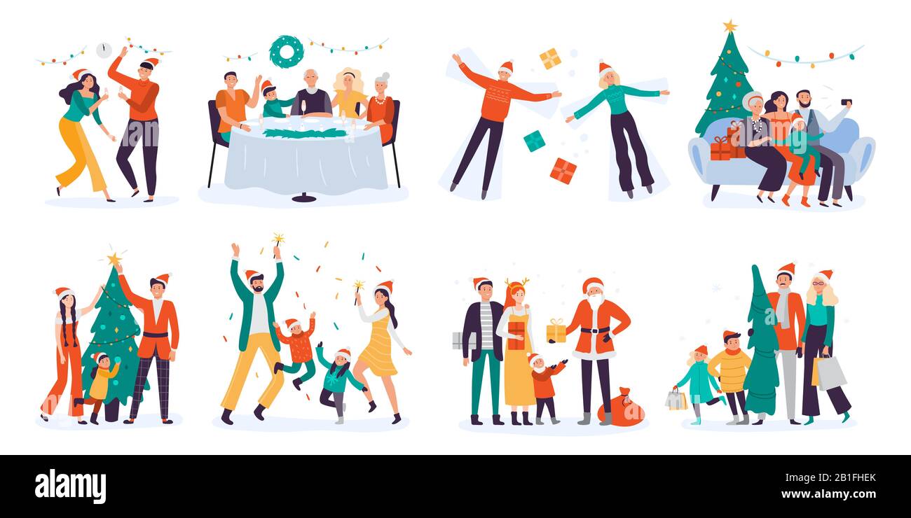 Noël. Hiver vacances en famille, décorer arbre de Noël et maison vacances dîner illustration vectorielle ensemble Illustration de Vecteur