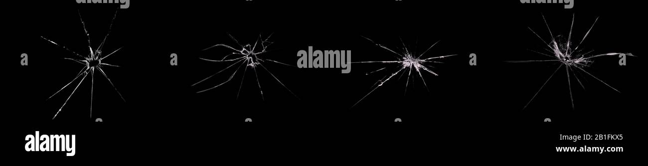 Jeu de verre cassé fissuré et ébréché sur fond noir. Collage abstrait avec texture de fenêtre fissurée. Banque D'Images